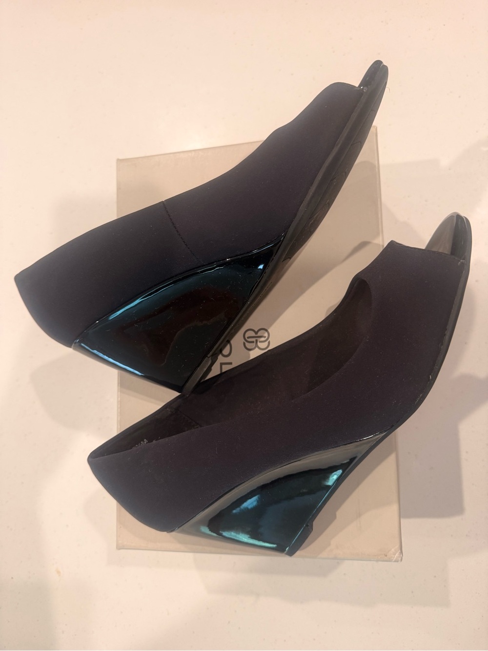 Navy Wedge Peep-Toe Pumps - Women's